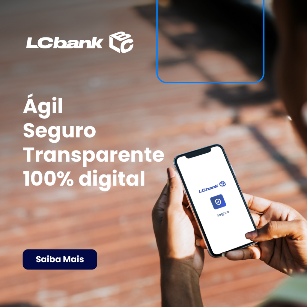 Logo LCbank e celular com app de seguro digital. Frase: Ágil, Seguro, Transparente, 100% digital.