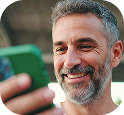 Homem sorrindo olhando o celular